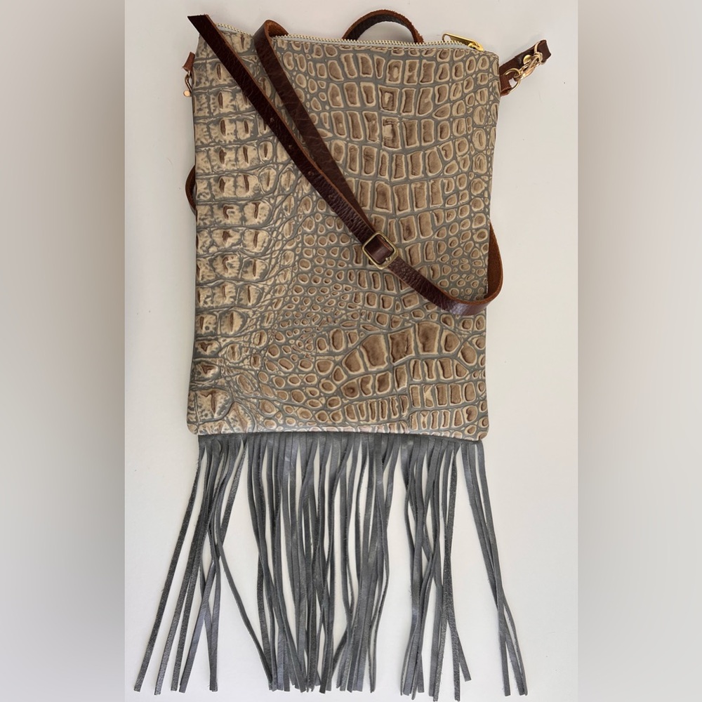 Brown and Gray Croc Embossed LeatherCrossbody Bag